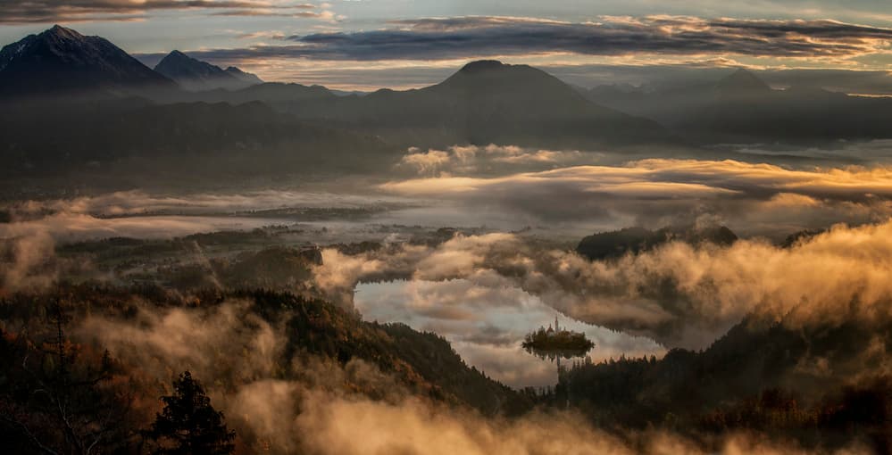 Misty Lake Bled Sunrise by Milan Malovrh — canvas wall art