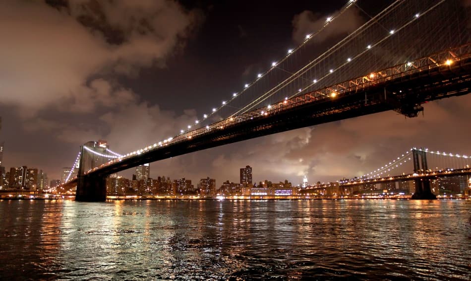 Brooklyn Bridge Night Reflections by Goran Jovic — canvas wall art