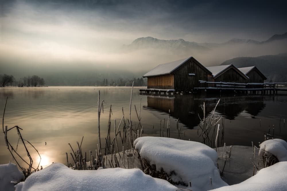 Misty Winter Boathouses by Nina Pauli — canvas wall art