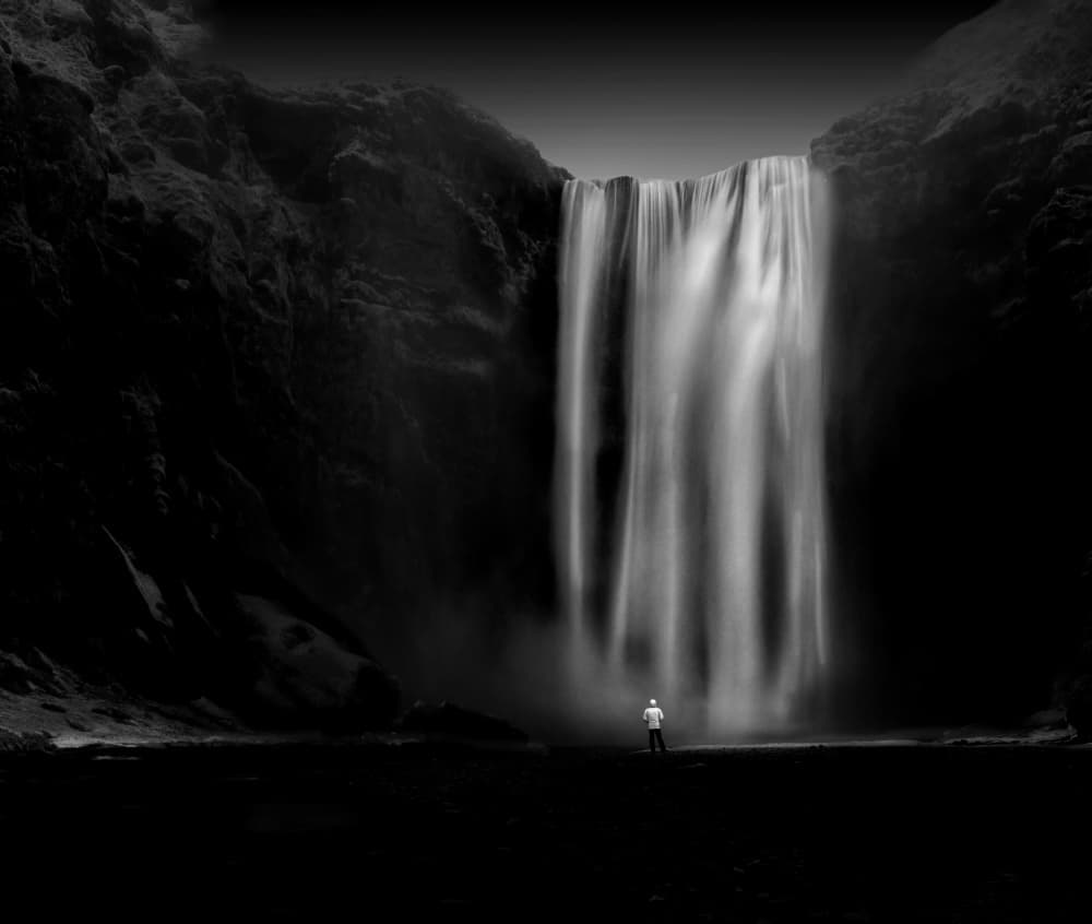 Man Before Majestic Falls by Jiahong Zeng — canvas wall art