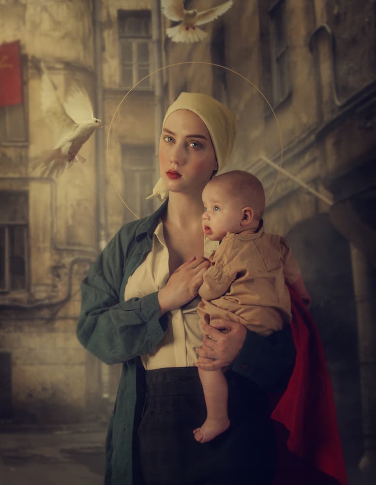 Mother Child Urban Doves by Svetlana Melik-Nubarova — canvas wall art