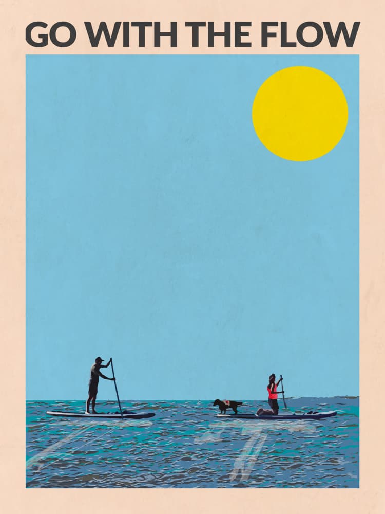 Sunny Paddleboarders With Dog by WallChart Art Studio — canvas wall art