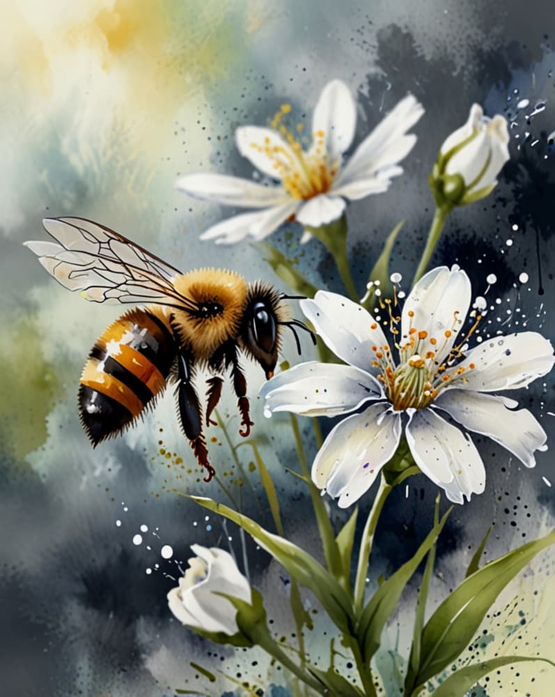 Flying Bee Watercolor Flowers by Anda Bieza — canvas wall art