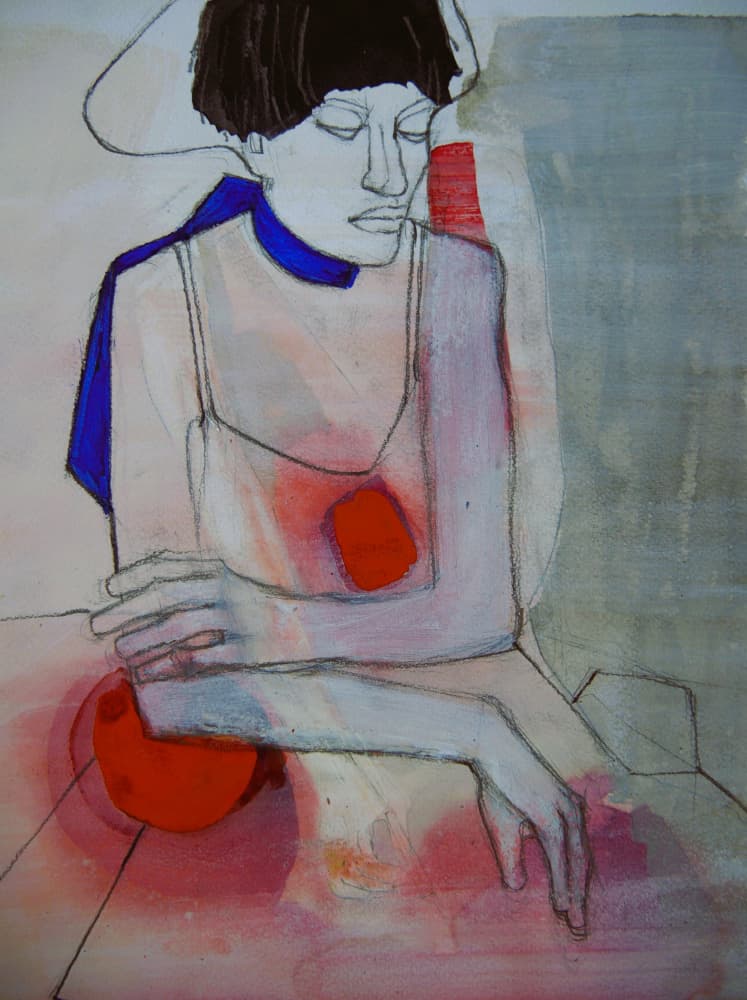 Contemplative Woman in Red by Doris Schmitz — canvas wall art