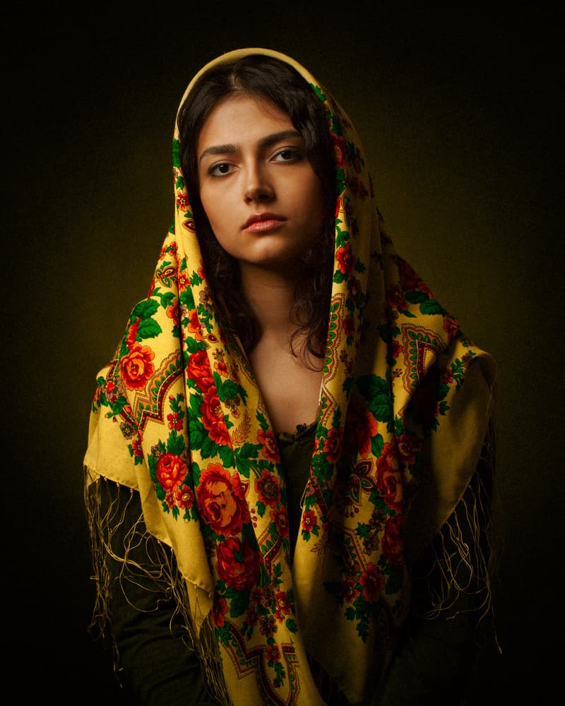 Woman In Floral Scarf by Mehdi Mokhtari — canvas wall art