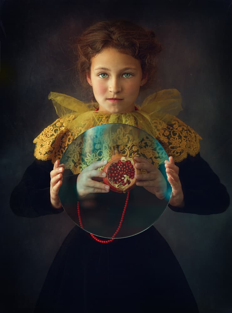 Girl With Pomegranate Mirror by Svetlana Melik-Nubarova — canvas wall art