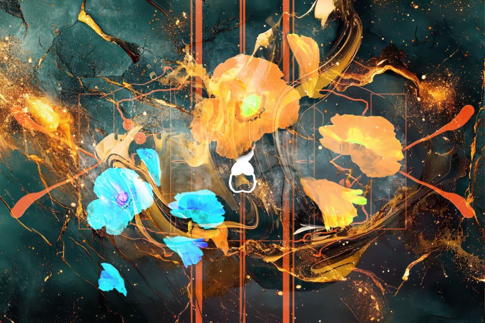 Abstract Teal Gold Blooms by Rafal Kulik — canvas wall art