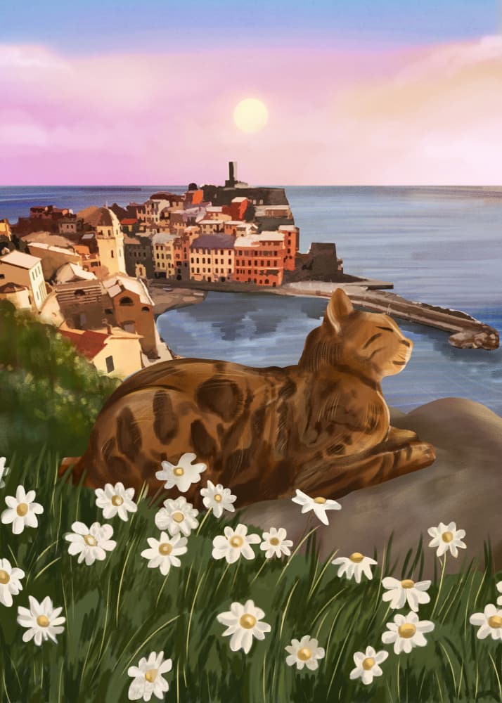 Relaxed Cat Vernazza Sunset by City Art — canvas wall art