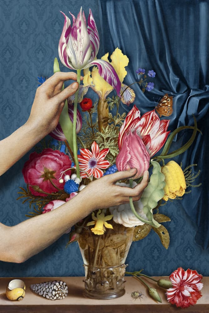Hands and Blooming Tulips by Marja van den Hurk — canvas wall art