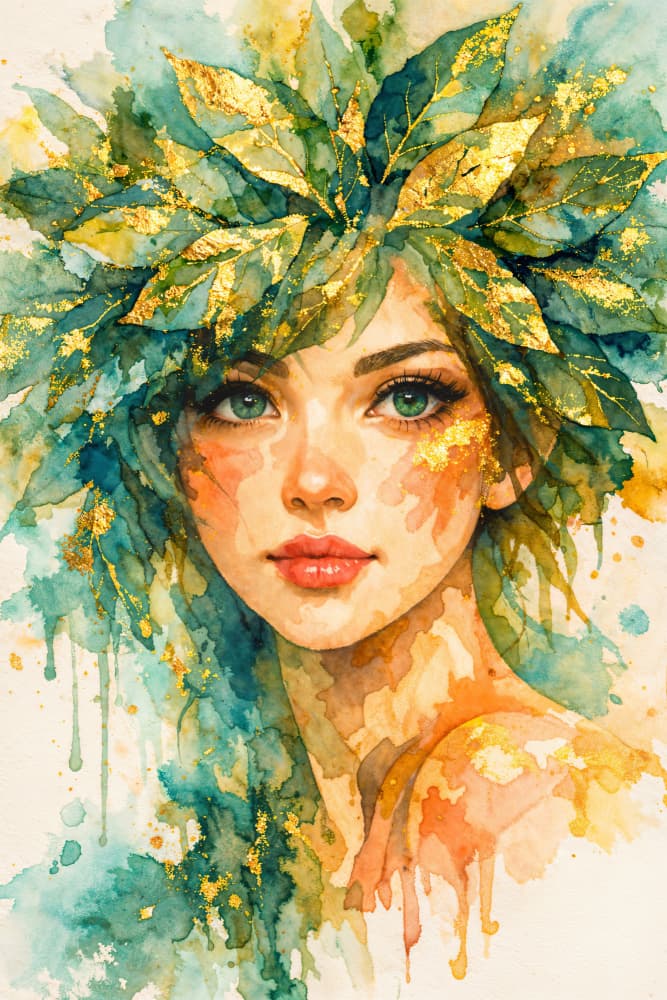 Young woman portrait with leaf hairstyle by Natalie Bruns — canvas wall art