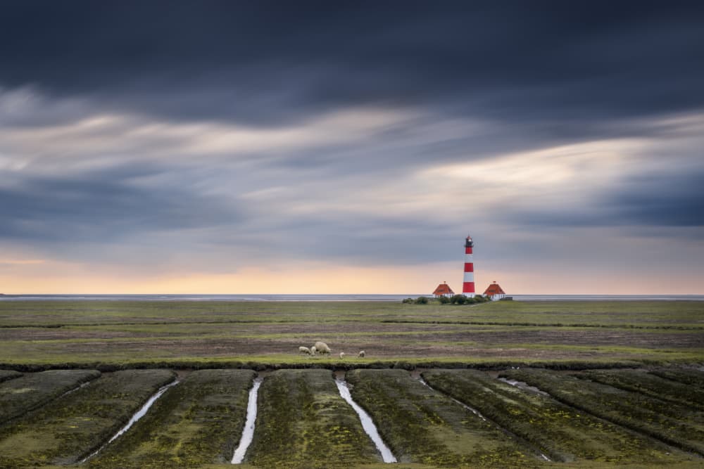 Red Striped Lighthouse Marsh by fotomarion — canvas wall art