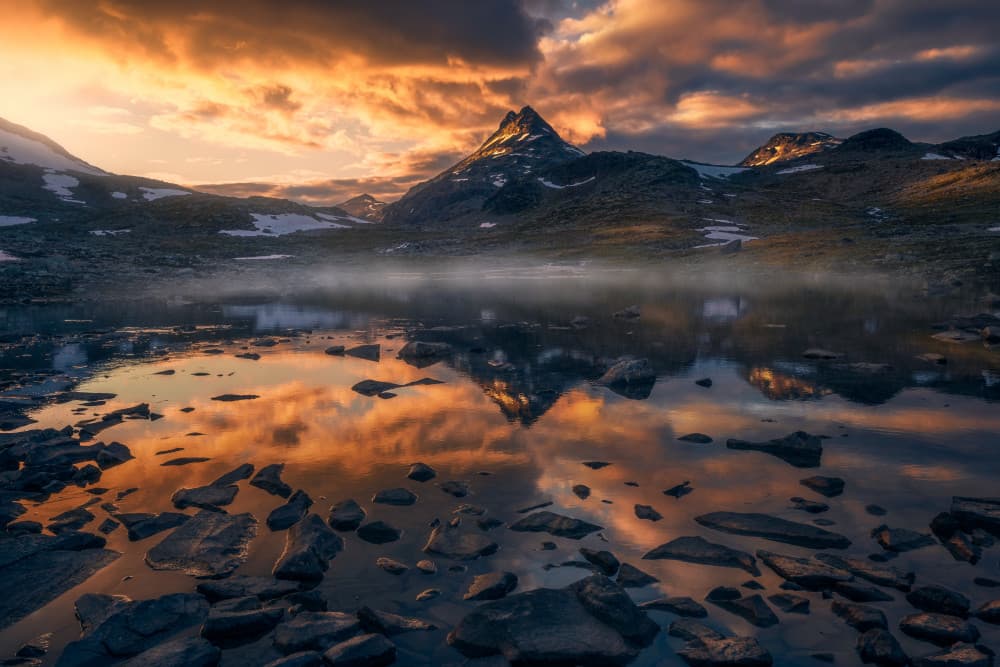 Golden Mountain Lake Reflection by Ole Henrik Skjelstad — canvas wall art