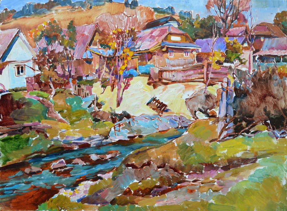 Colorful Autumn Village by Andrii Kutsachenko — canvas wall art
