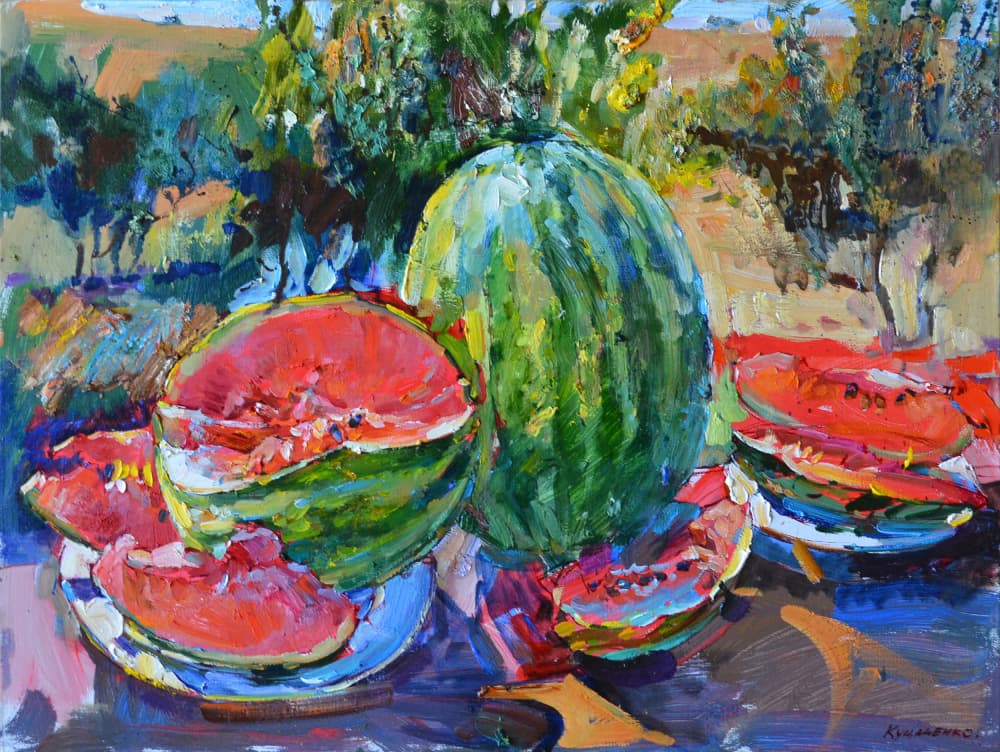 Vibrant Watermelon Still Life by Andrii Kutsachenko — canvas wall art