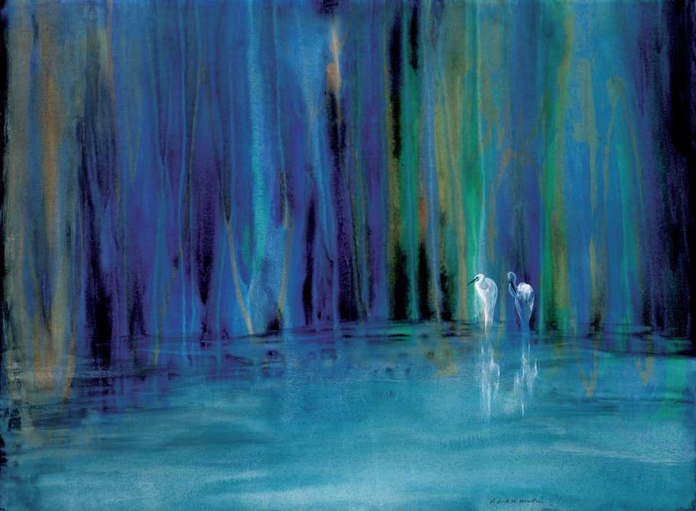 Egrets In Blue Forest by RodMacIver — canvas wall art
