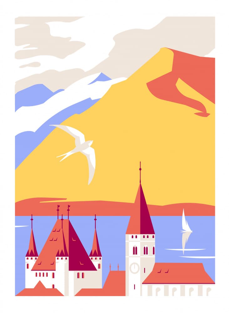 Lakeside Castle Alpine Flight by Tetiana Kava Illustration — canvas wall art