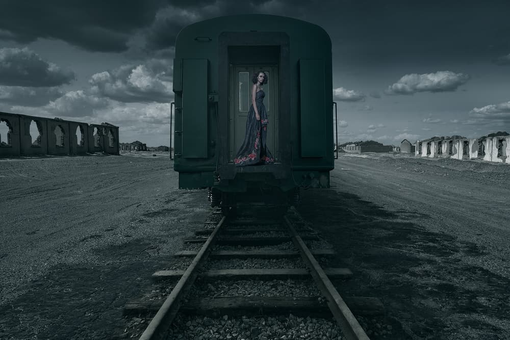 Elegant Woman Abandoned Train by Bingo Z — canvas wall art