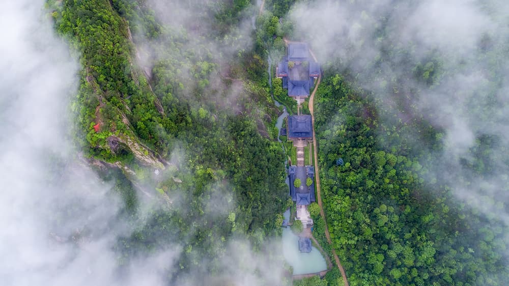 Misty Mountain Temples by Mei Xu — canvas wall art