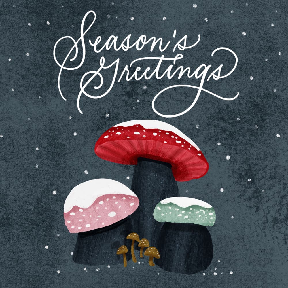 Whimsical Winter Mushrooms by Saba Rauf — canvas wall art