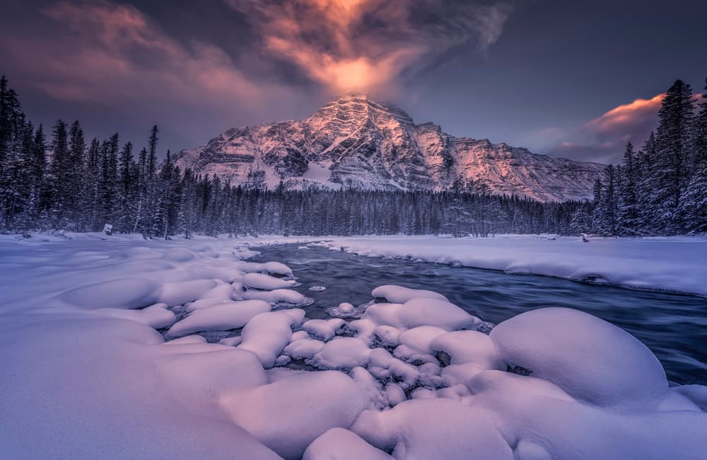 Snowy Mountain River Sunset by Larry Deng APA — canvas wall art