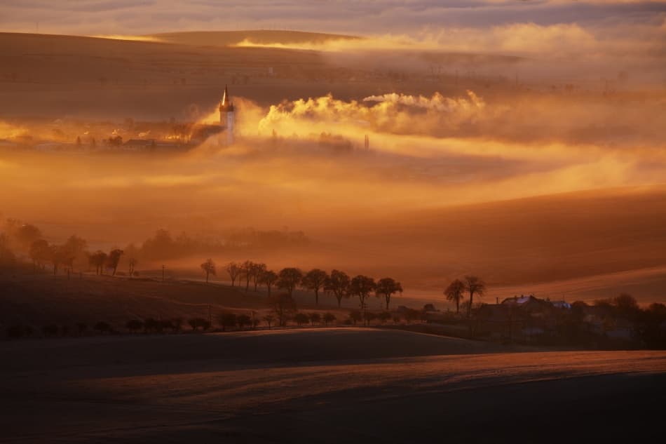 Golden Foggy Village Church by Peter Svoboda MQEP — canvas wall art