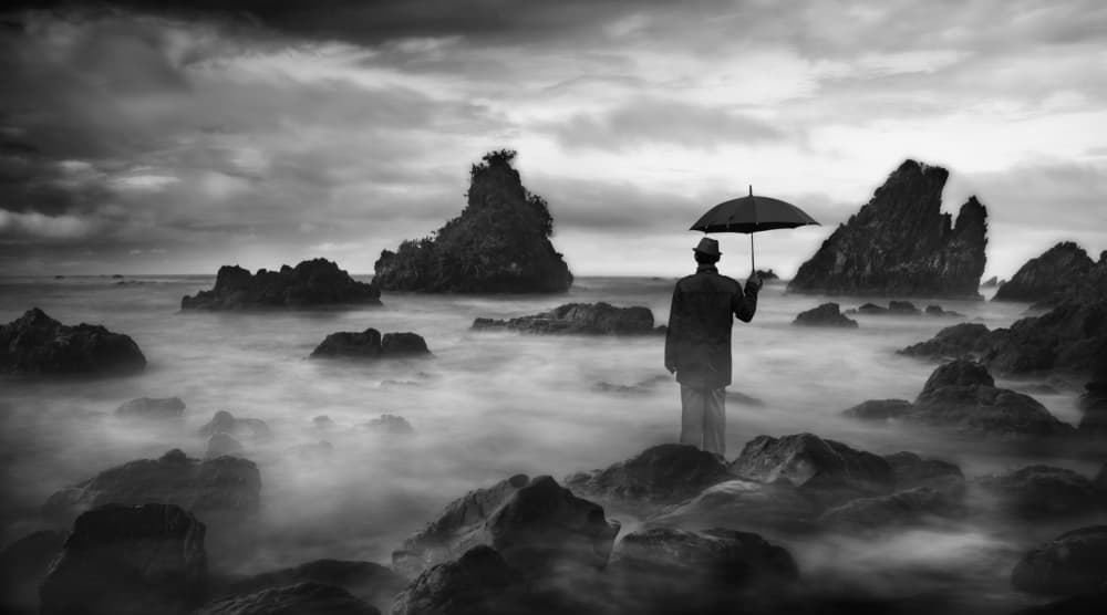 Man with Umbrella Seascape by Hari Sulistiawan — canvas wall art
