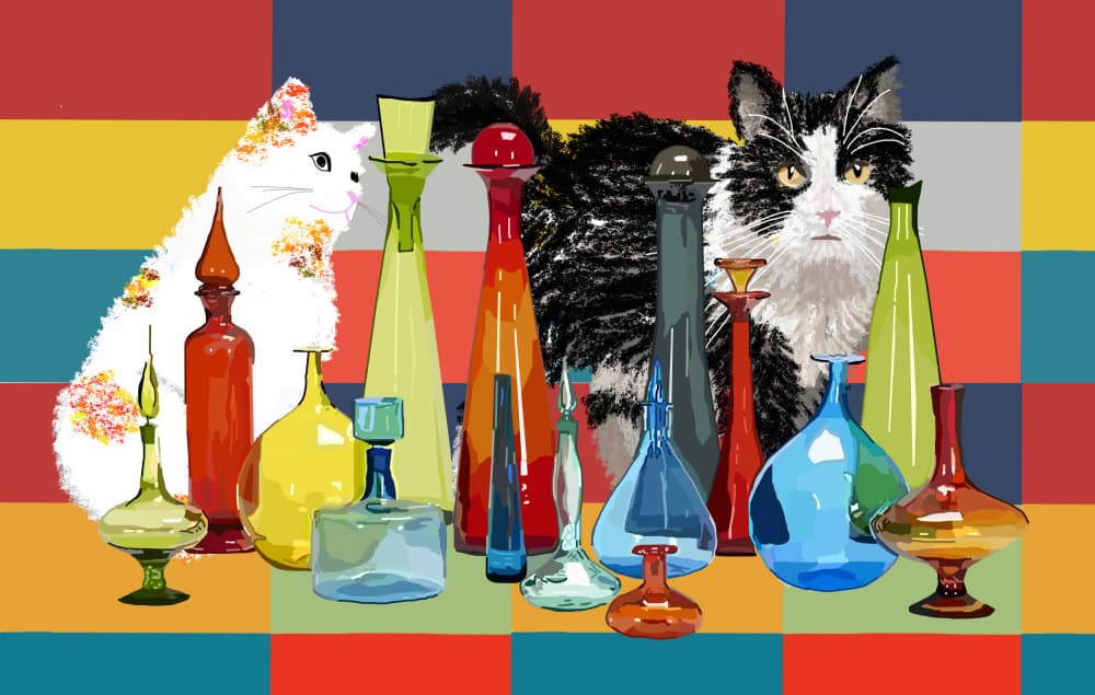 Playful Cats Colorful Bottles by Lynnda Rakos — canvas wall art