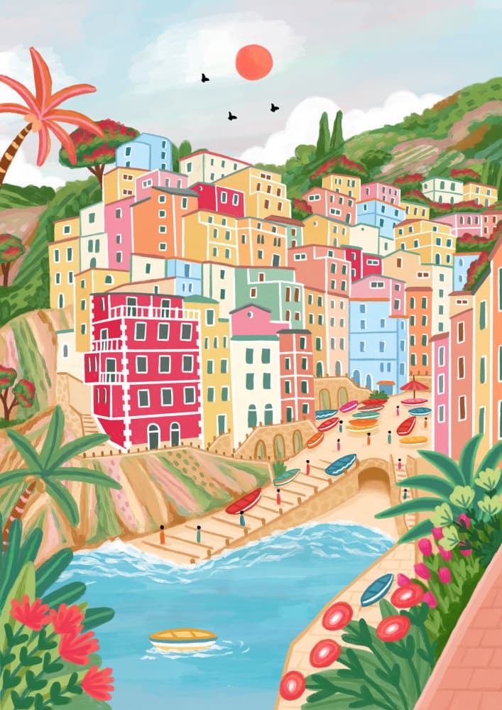 Vibrant Coastal Village by Nidhi Kachhadiya — canvas wall art