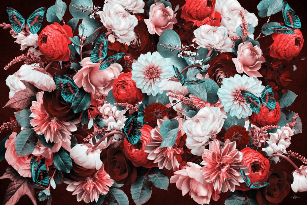Crimson Blooms Butterflies by Sue Skellern — canvas wall art