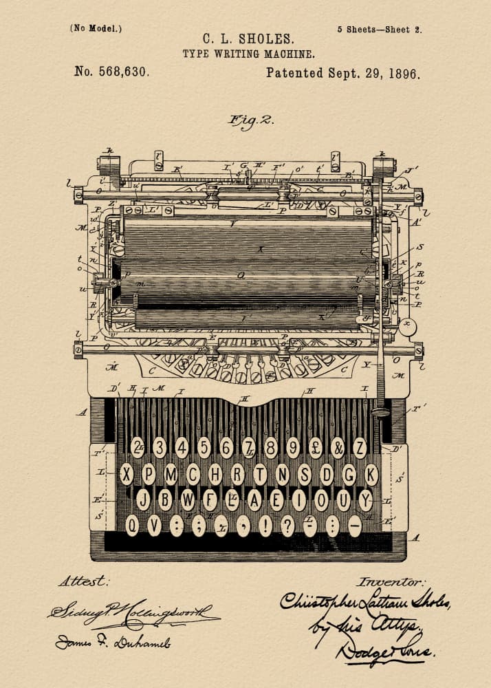 1896 Typewriter Patent by Andreas Magnusson — canvas wall art