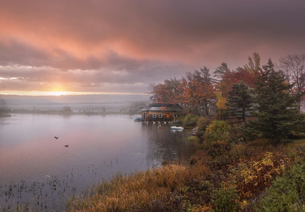 Golden Hour Lakeside Boathouse by Larry Deng APA — canvas wall art