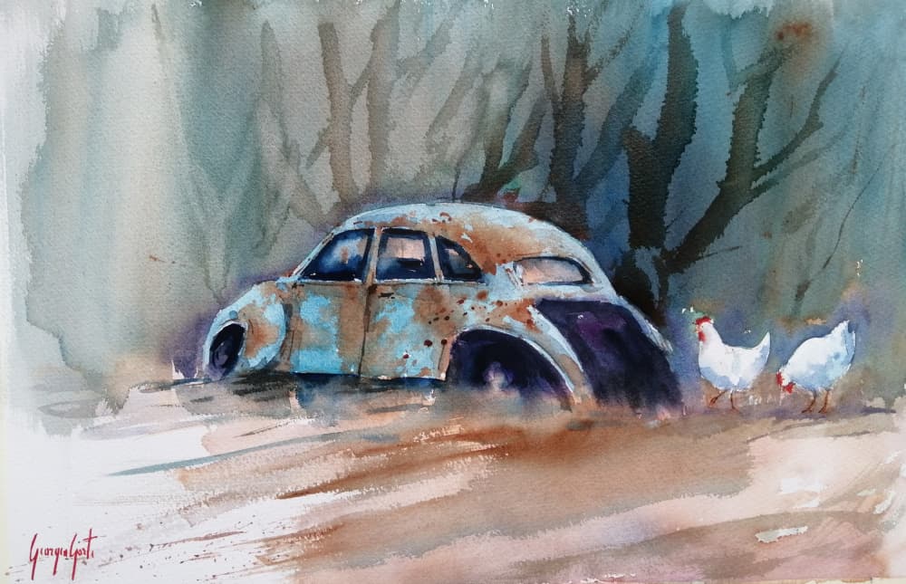 Rustic Car and Chickens by Giorgio Gosti — canvas wall art