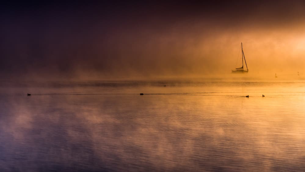 Sailboat In Golden Mist by Ulrike Eisenmann — canvas wall art