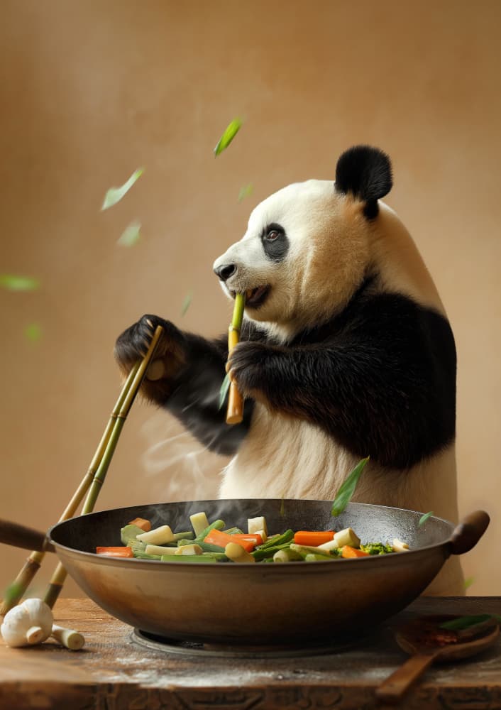 Panda Cooking Stir Fry by Niky Rahner — canvas wall art