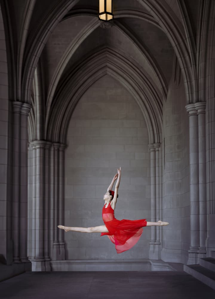 Red Dress Ballet Leap by Catherine Wang — canvas wall art