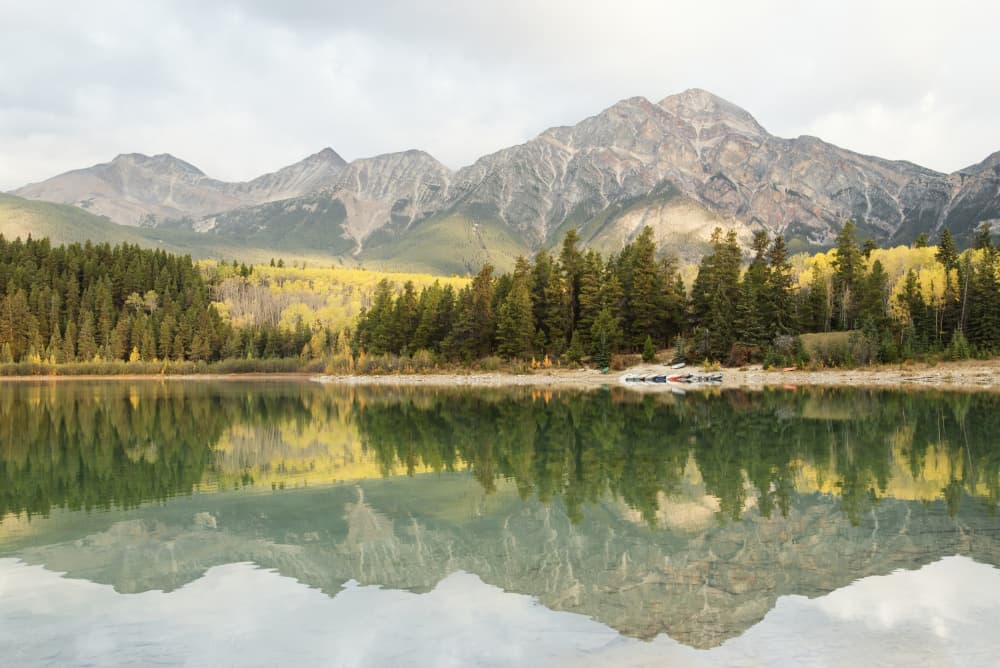 Golden Fall Mountain Lake by Lynann Colligan — canvas wall art