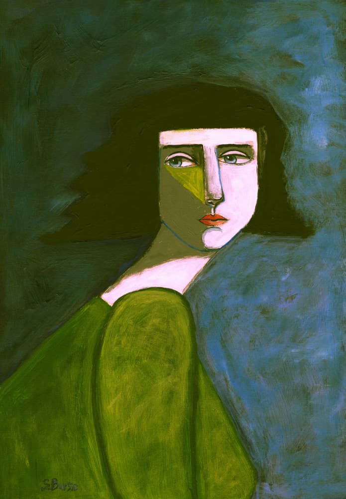 Thoughtful Green Woman by Sharyn Bursic — canvas wall art