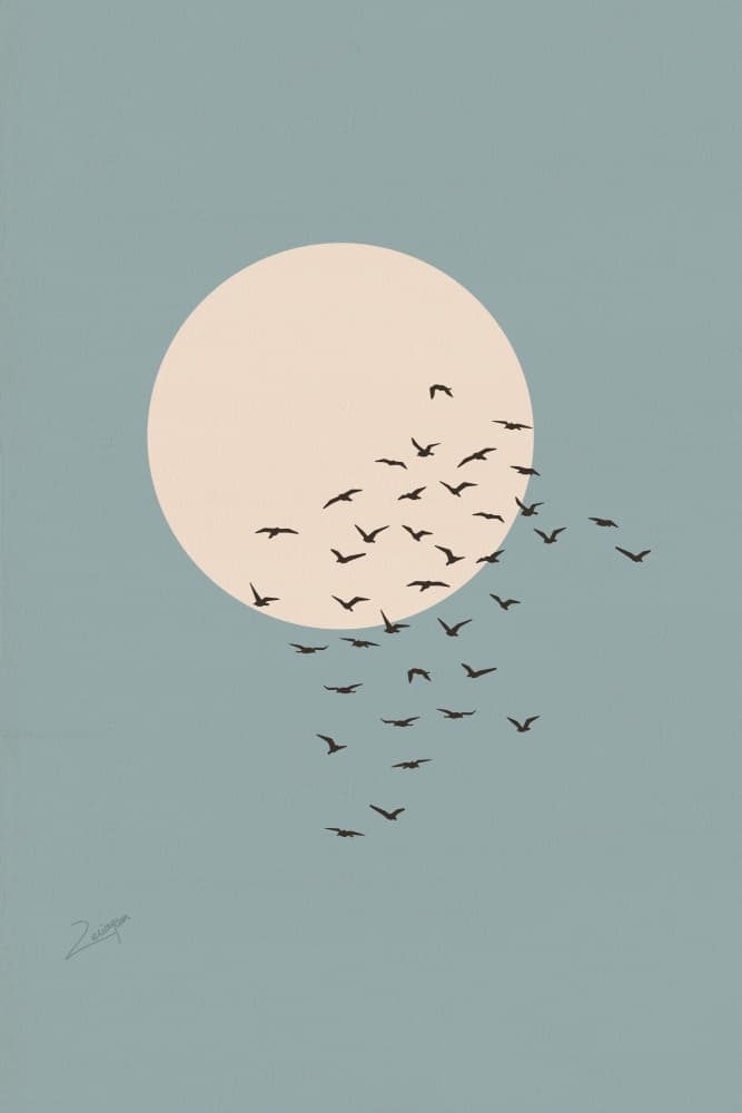 Moon And Flying Birds by zarish chaudhry — canvas wall art