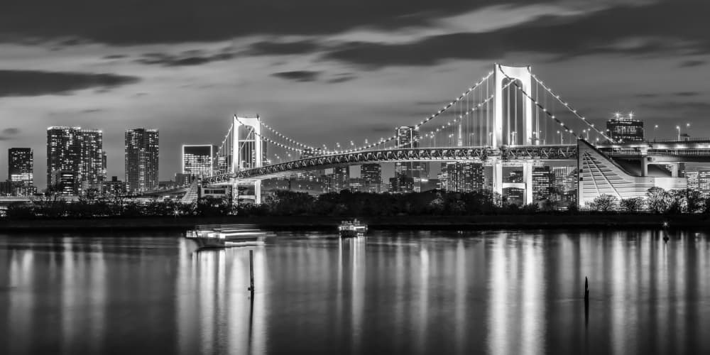Charming Rainbow Bridge and Tokyo Skyline at sunset - monochrome panorama by Melanie Viola — canvas wall art