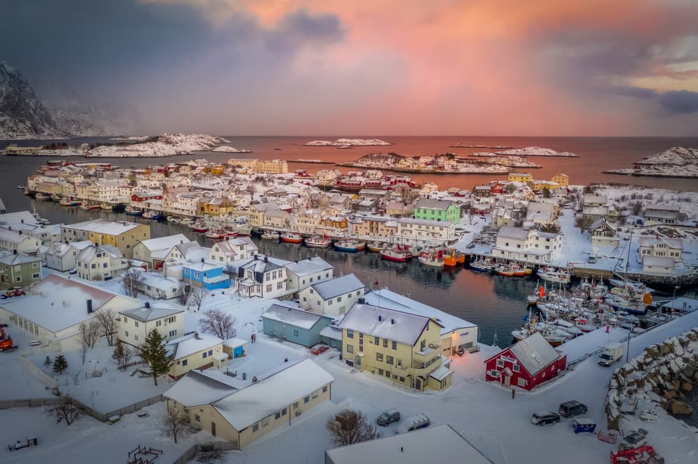 Colorful Winter Village Sunset by Adrian Popan — canvas wall art