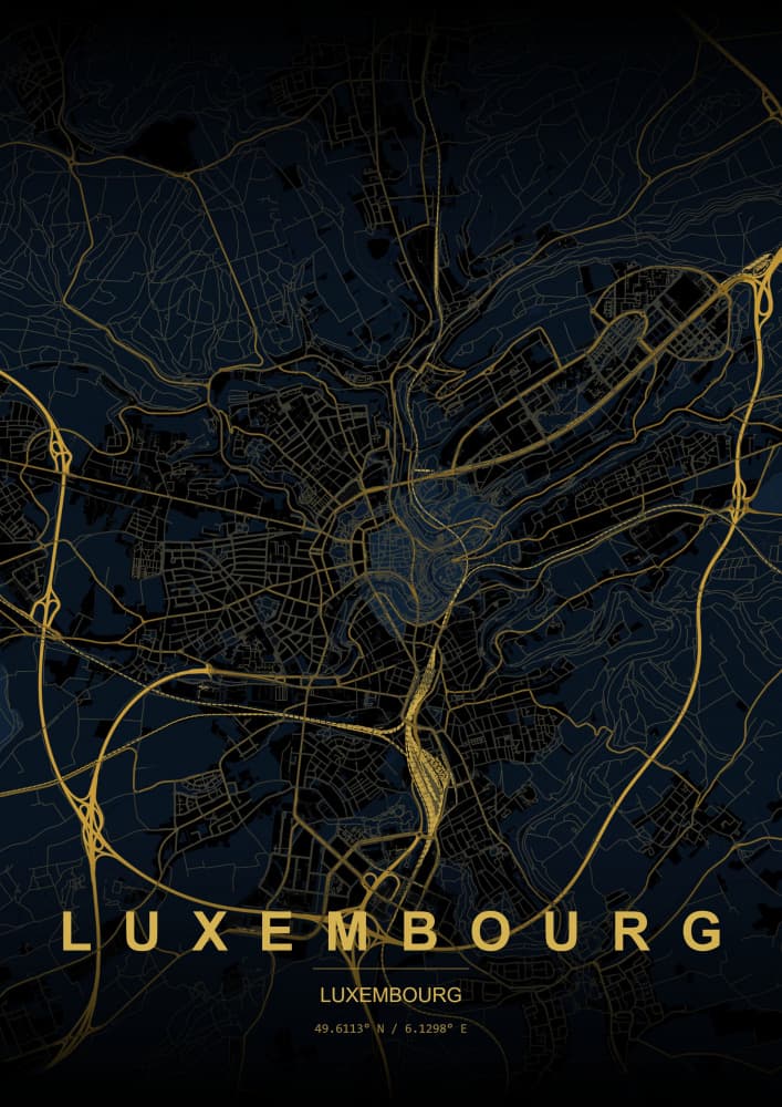 Golden Luxembourg City Map by HUGO — canvas wall art