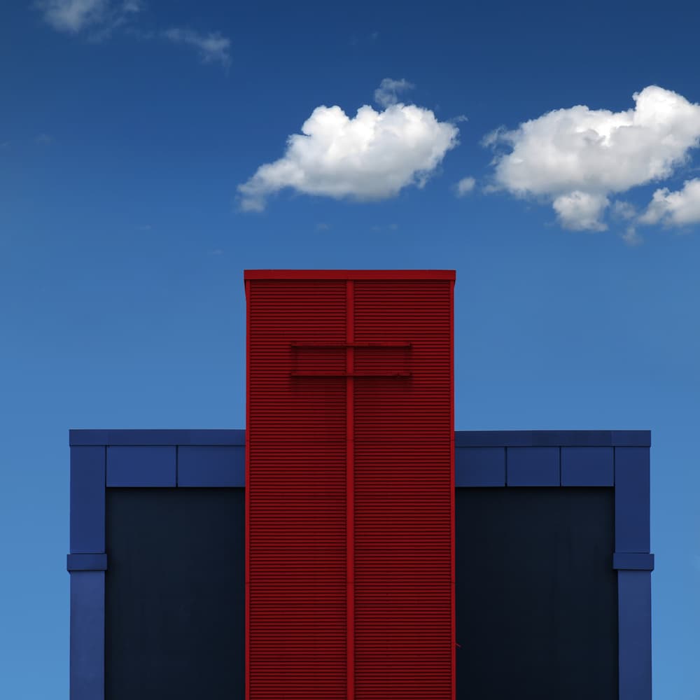 Geometric Red Blue Building by Alexej Schulz — canvas wall art