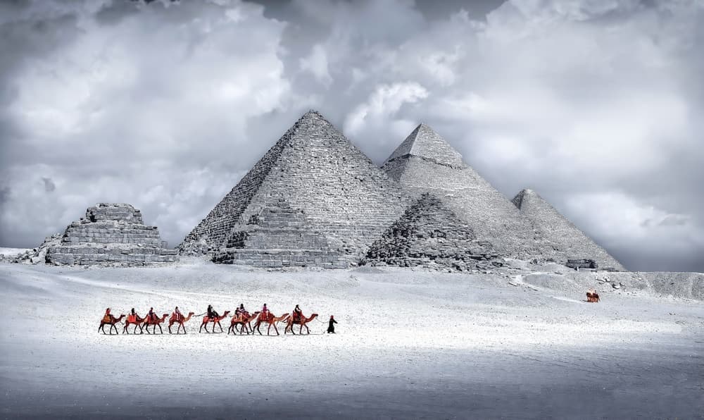 Giza Pyramids Red Camels by Kenneth-Wei Zeng — canvas wall art