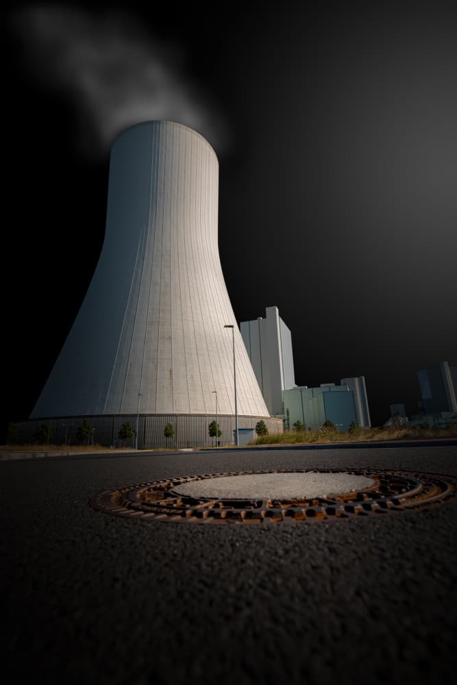 Dark Industrial Cooling Tower by Jörg Vollrath — canvas wall art