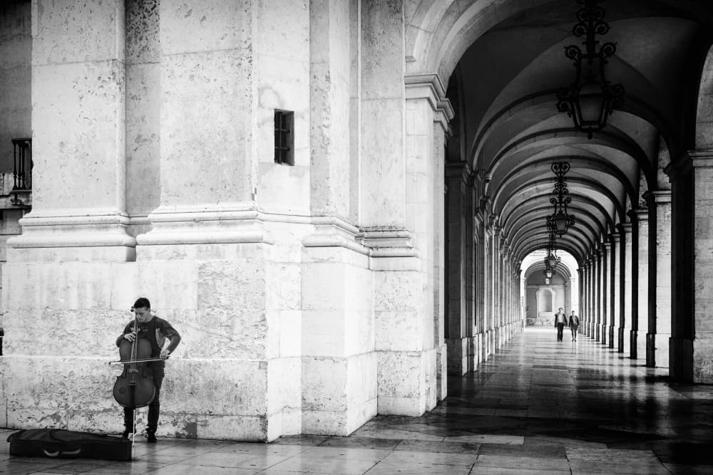 Cello Player Under Arches by Laura Mexia — canvas wall art