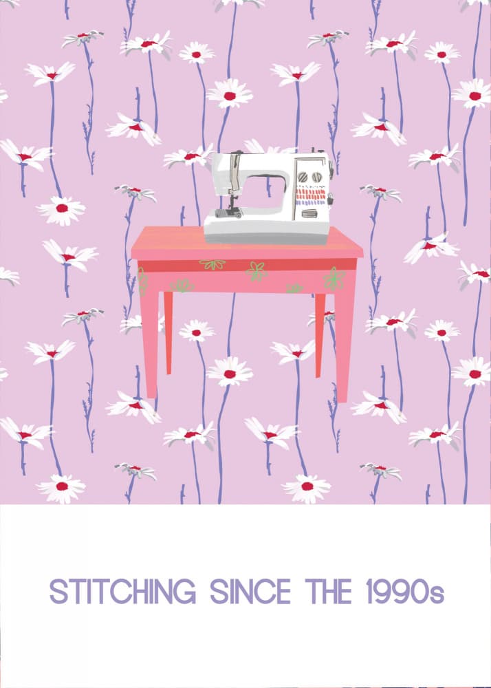 Retro Sewing Machine Daisies by Charlotte Trudgett — canvas wall art