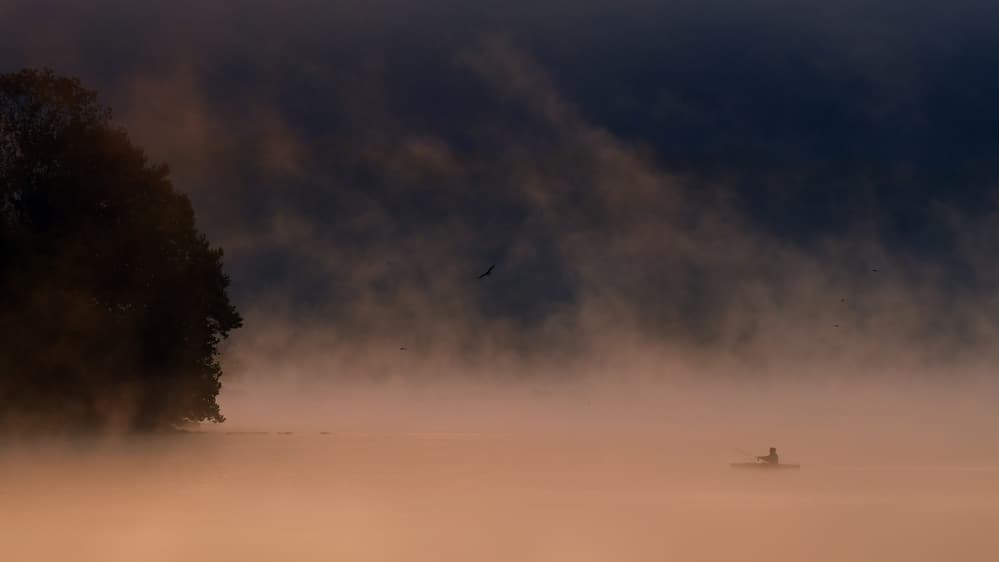 Misty Morning Kayak by Rob Li — canvas wall art