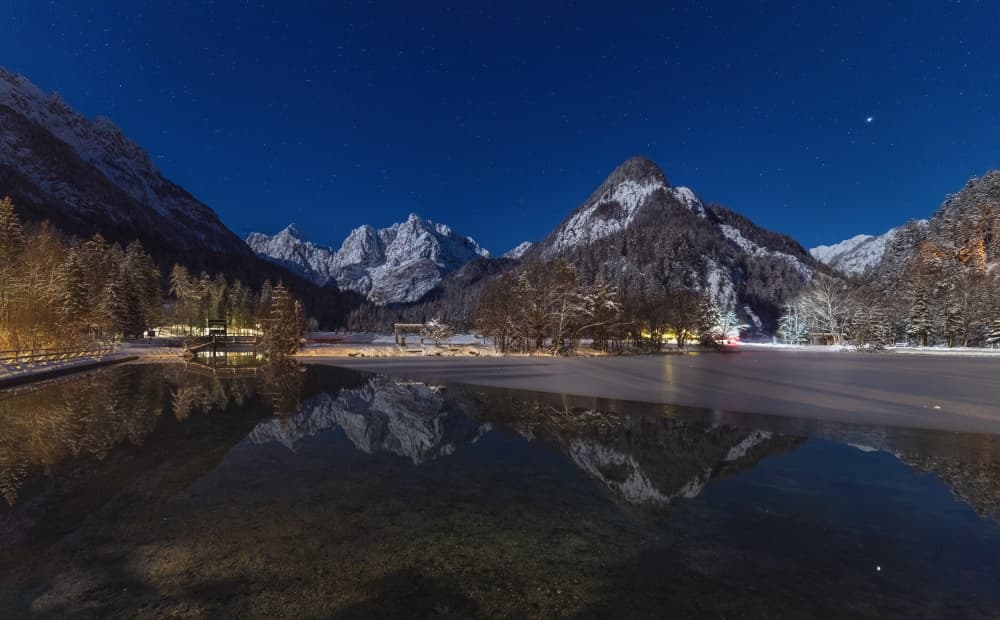 Moonlit Winter Lake Reflection by Bor — canvas wall art