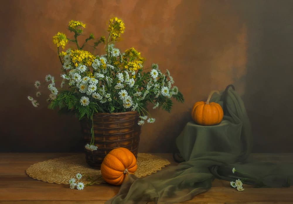Autumn Flowers and Pumpkins by Lydia Jacobs — canvas wall art
