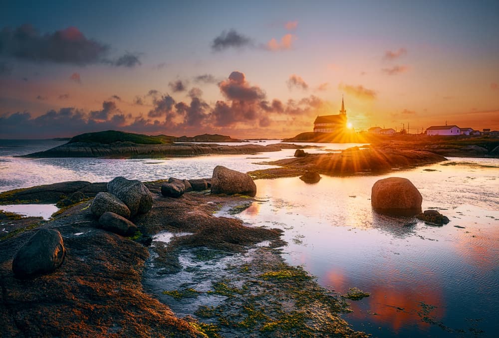 Vibrant Coastal Church Sunrise by Ben.C.L — canvas wall art